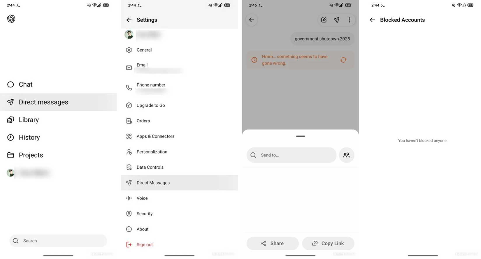 Screenshots highlighting what ChatGPT's direct messaging feature might look like.