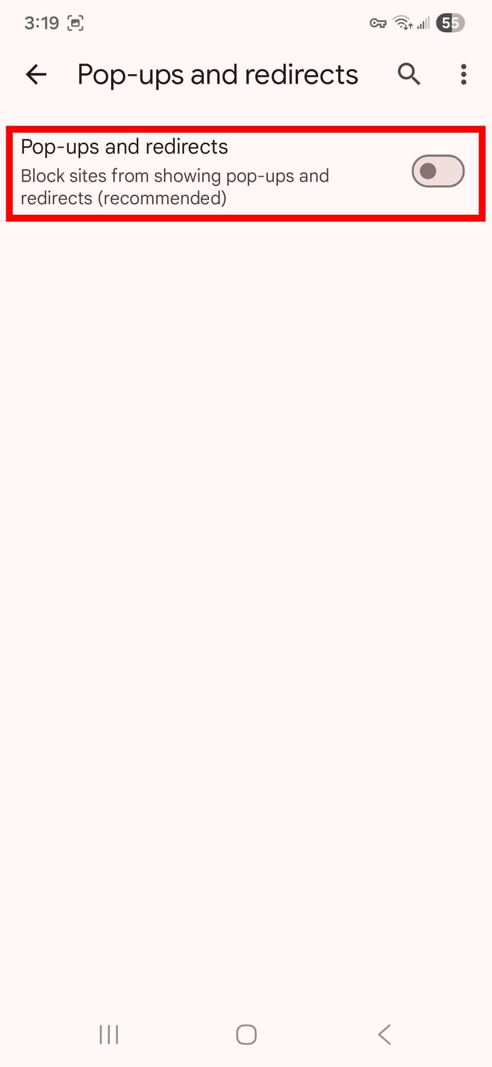 كيفية منع الإعلانات على هاتفك أو جهازك اللوحي الذي يعمل بنظام Android 4 مخطط مستطيل أحمر يبرز النوافذ المنبثقة وعمليات إعادة التوجيه للتبديل في تطبيق Chrome