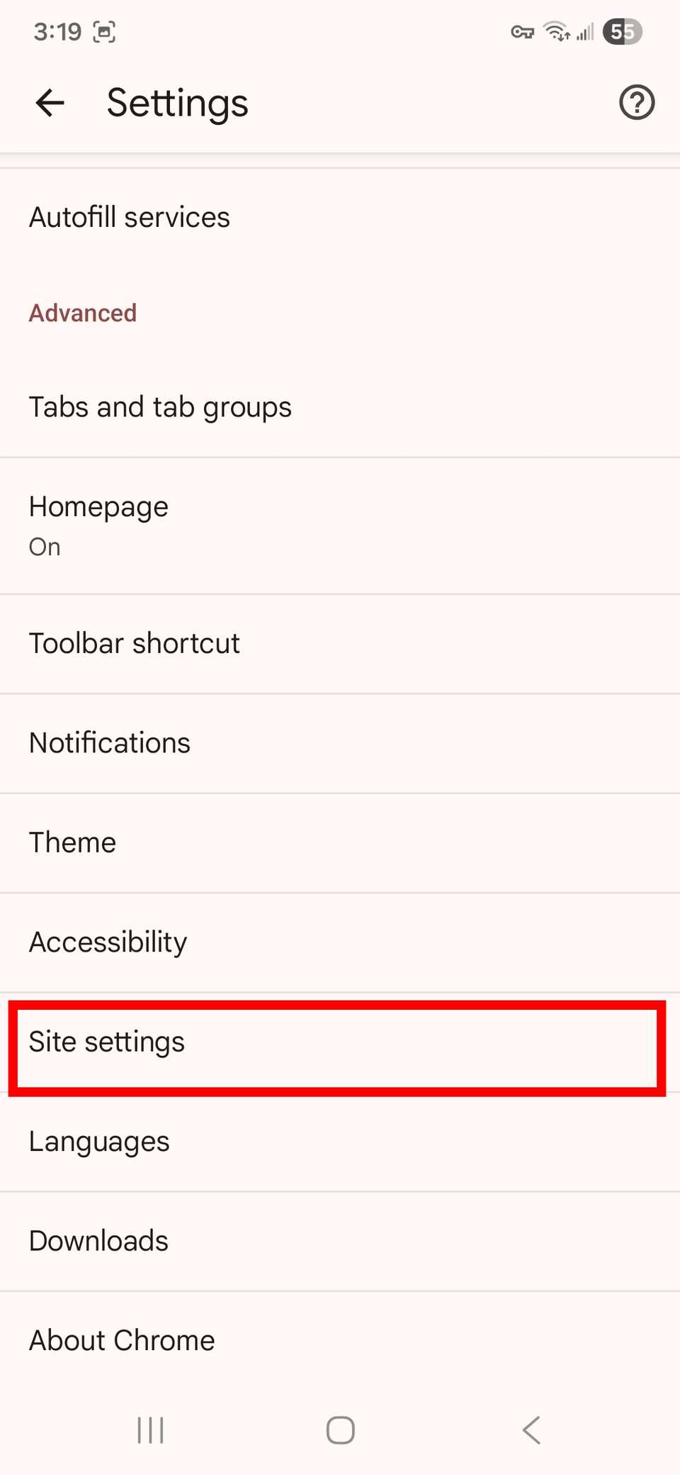 مخطط مستطيل أحمر يسلط الضوء على إعدادات الموقع في تطبيق Chrome