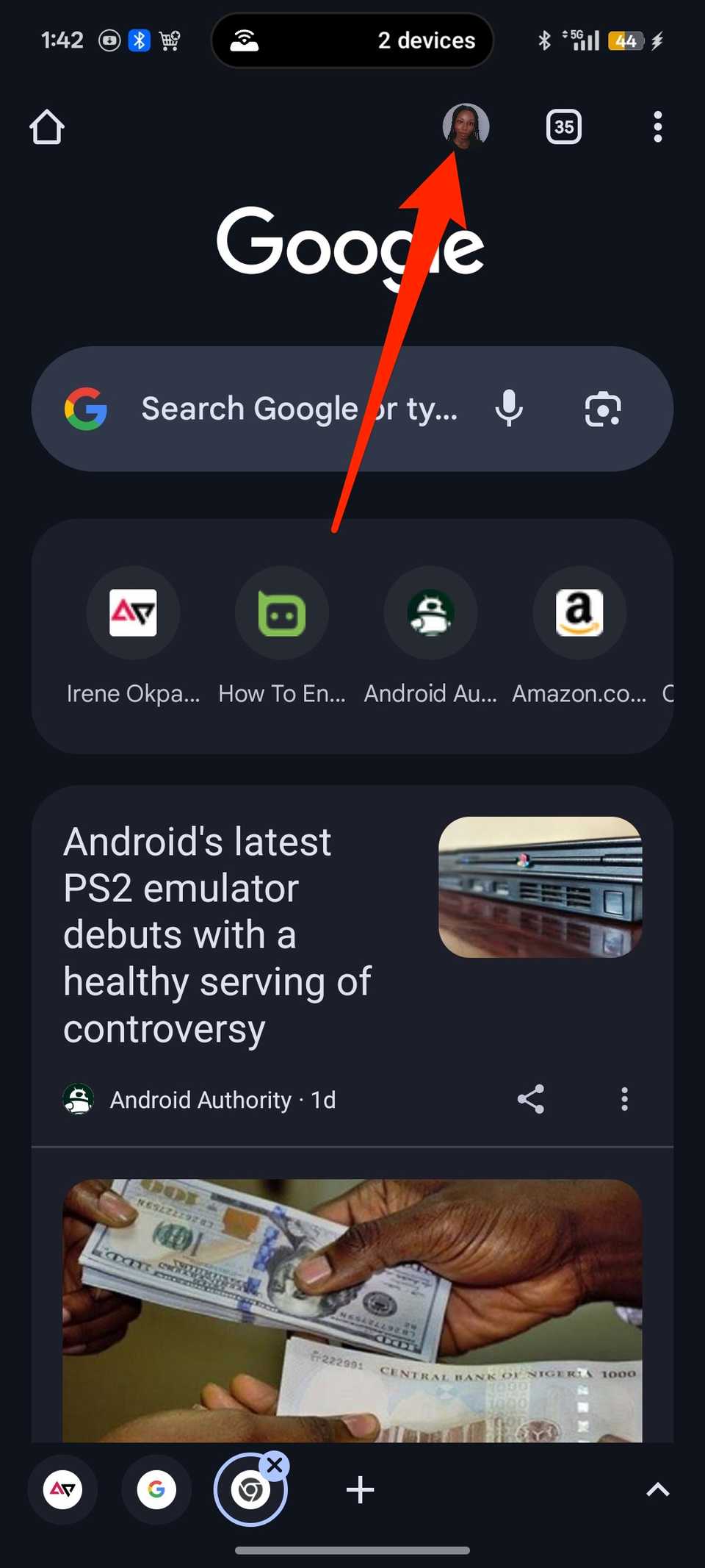 Red arrow pointing to profile icon in Chrome for Android homepage