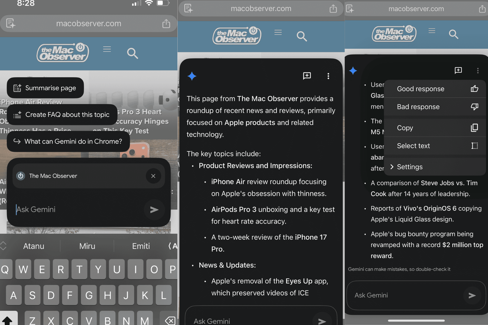 Screenshots highlighting Gemini on Chrome on iOS.