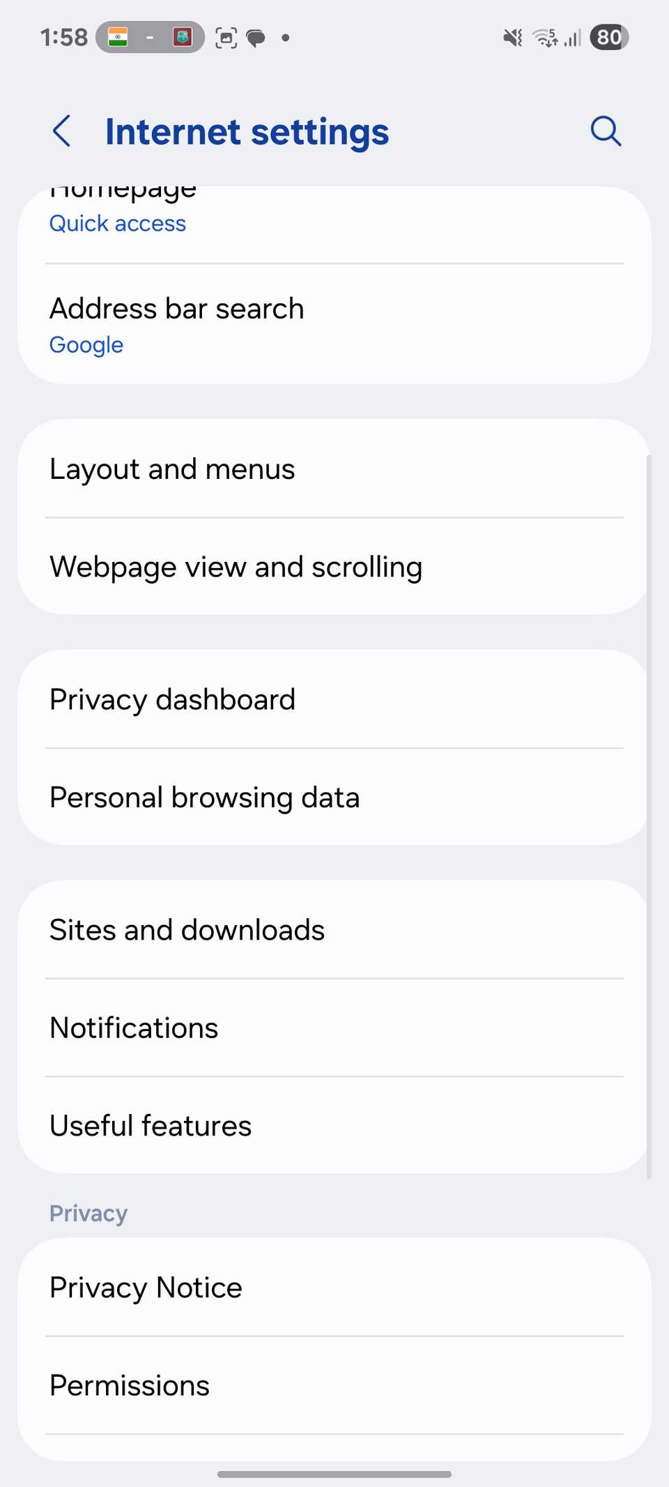 Samsung Internet settings