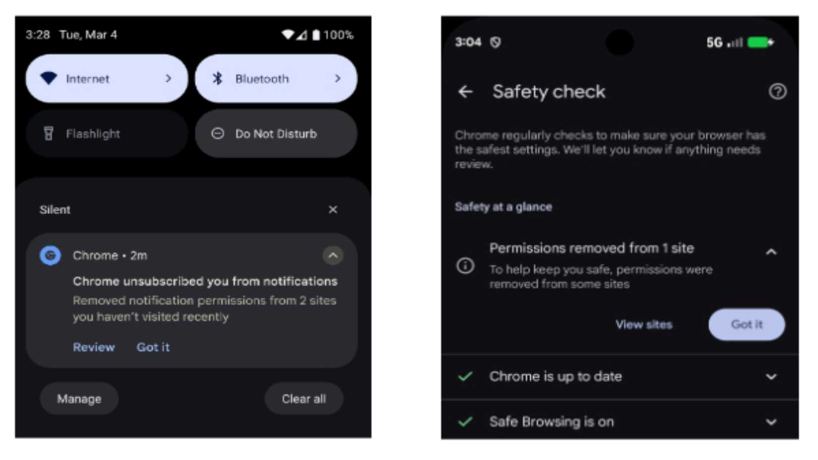 Image showing a new auto-revocation notification feature in Chrome's Safety Check