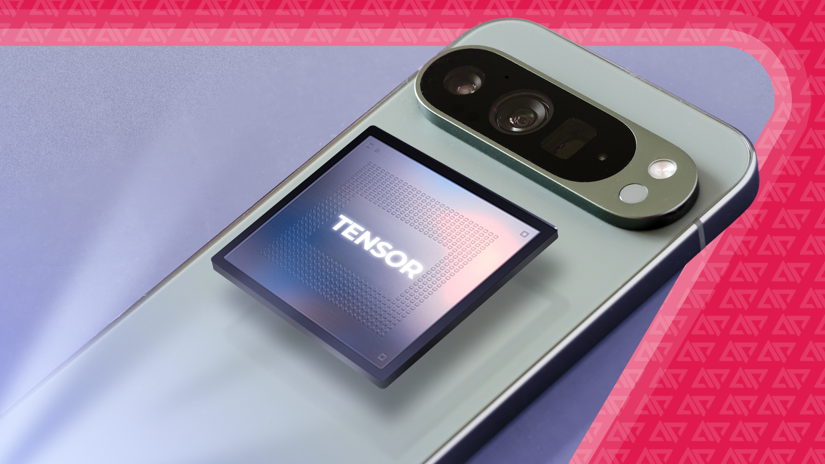 Close de um smartphone Google Pixel com o chip Tensor destacado na parte traseira
