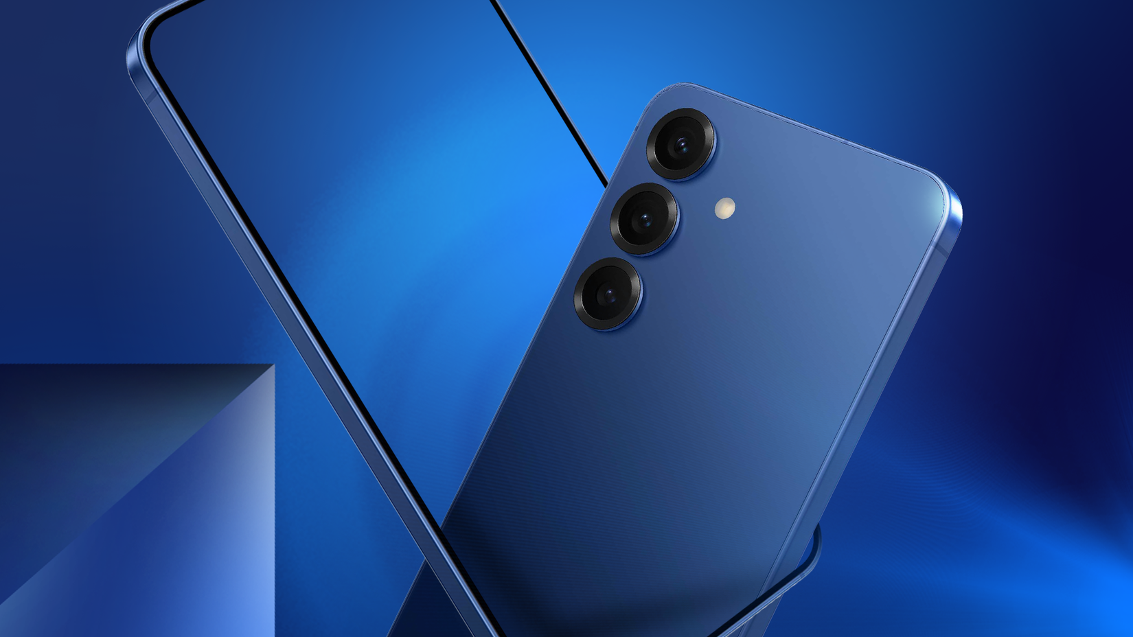 Close-up of the blue Samsung Galaxy S25 showing its sleek design against a blue gradient background.