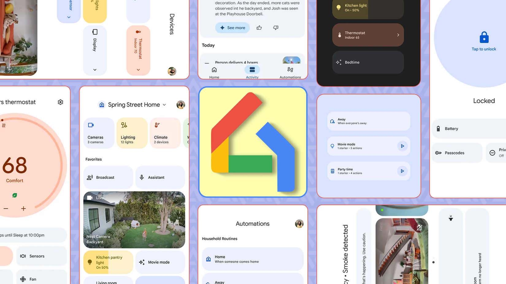 Collage of Google Home app screens showing various smart home controls and layouts, with the Google Home logo disassembled in the center.