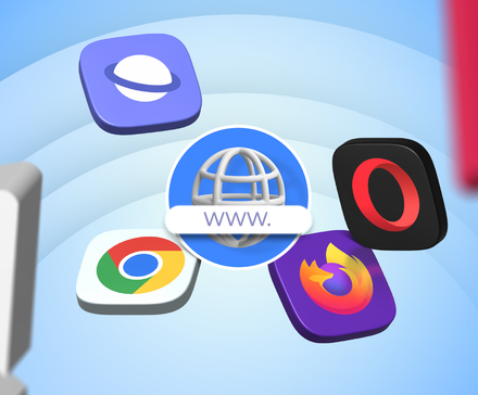 A globe with a web address bar surrounded by the icons of Chrome, Firefox, Opera, and Samsung Internet.