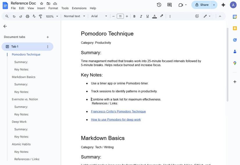 Screenshot showing the outline for notes in Google Docs