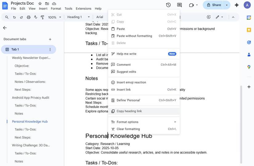 Screenshot showing how to link sections in Google Docs