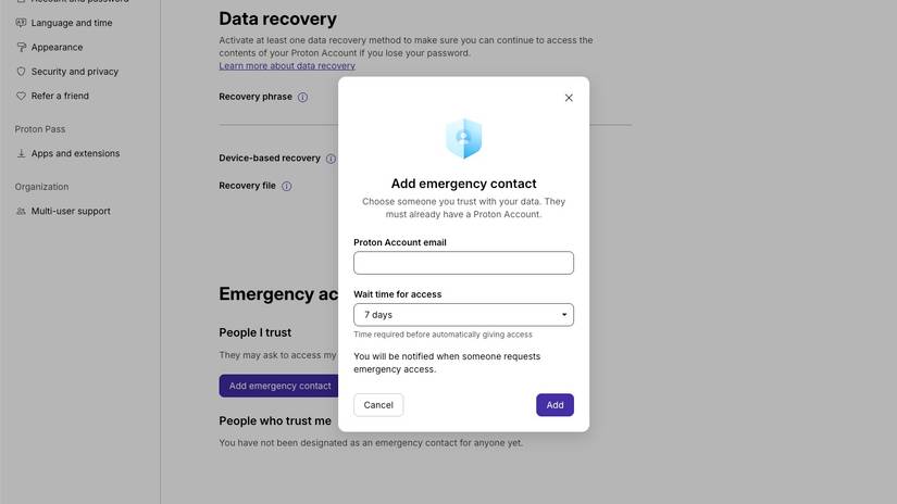 Acesso de contato de emergência no Proton Pass