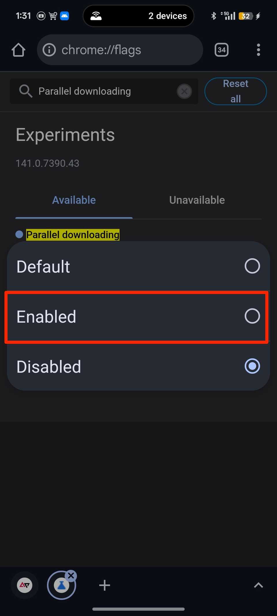 Red box highlighting Enabled option for Parallel downloading in Chrome Flags menu