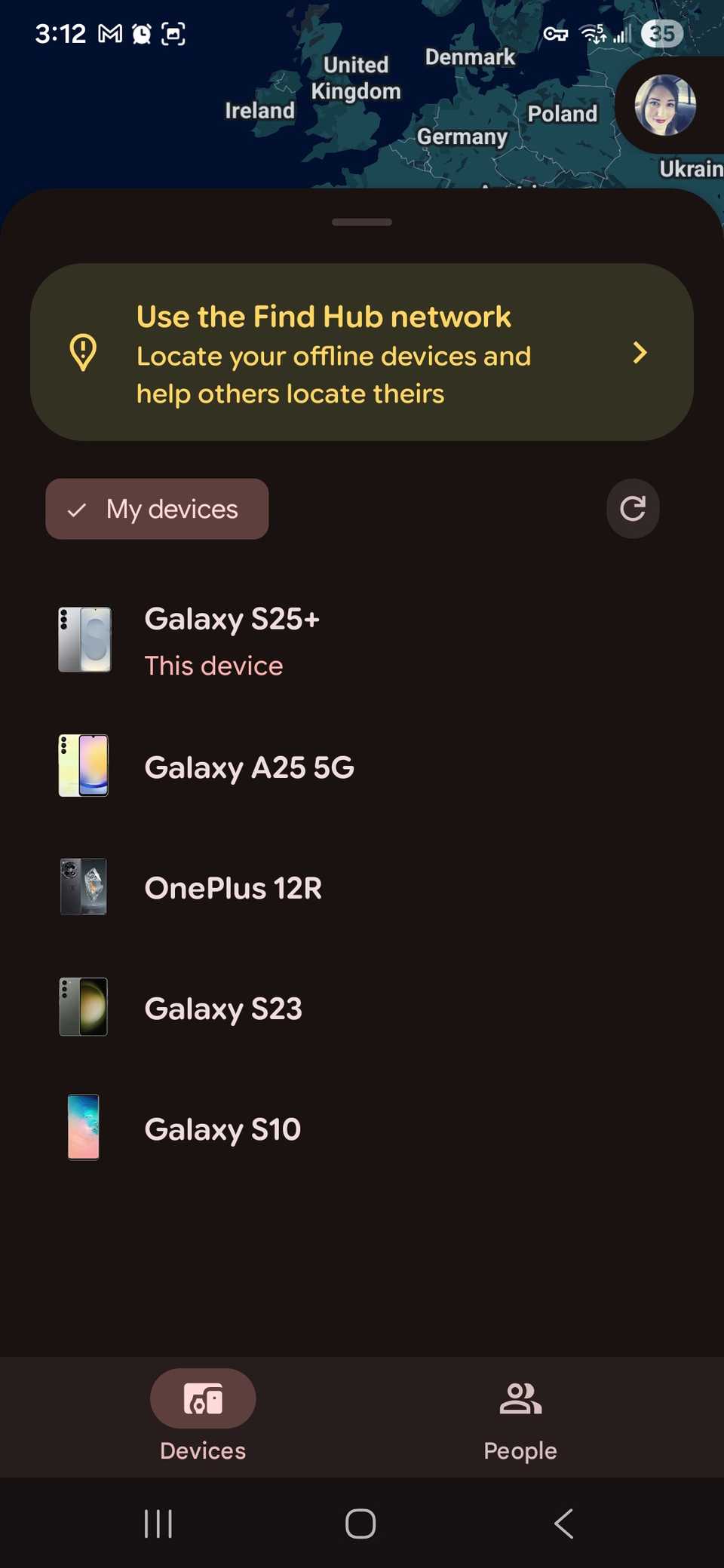 A list of devices shown in Google Find Hub app