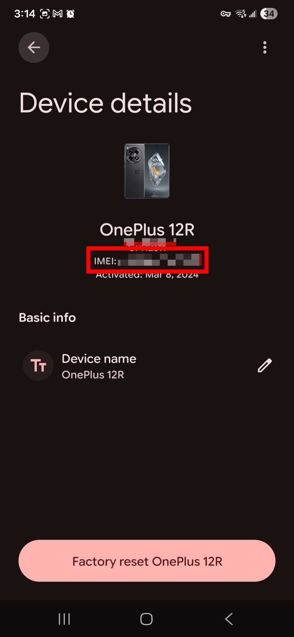 مخطط مستطيل أحمر يسلط الضوء على IMEI الموجود أسفل الجهاز في تطبيق Google Find Hub