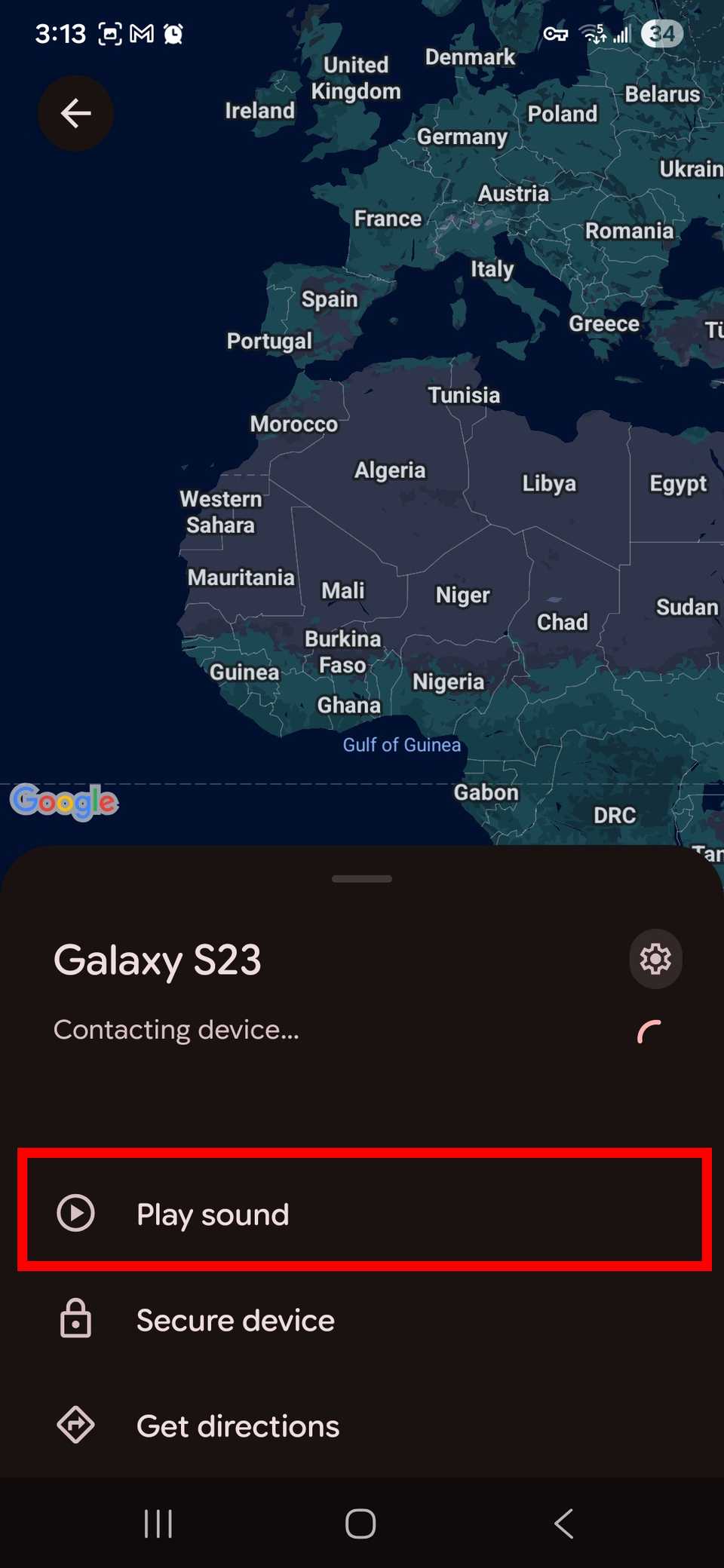 تحديد تشغيل الصوت أسفل الجهاز في تطبيق Google Find Hub