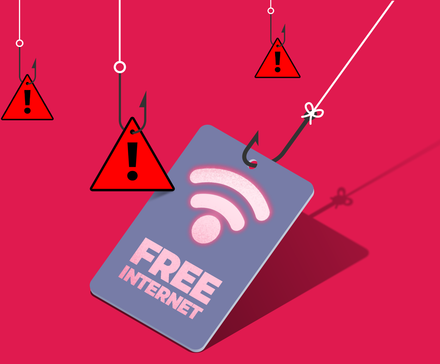 Uma etiqueta de internet gratuita em um anzol cercado por ícones de aviso.