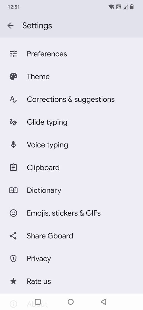 Captura de tela mostrando o menu Configurações no Gboard