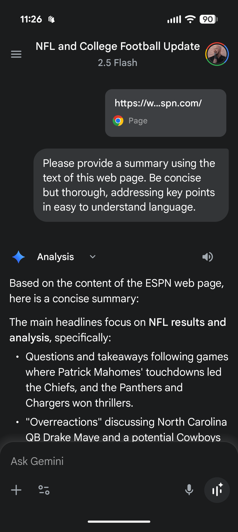 The Gemini app interface after getting a summary in Chrome.