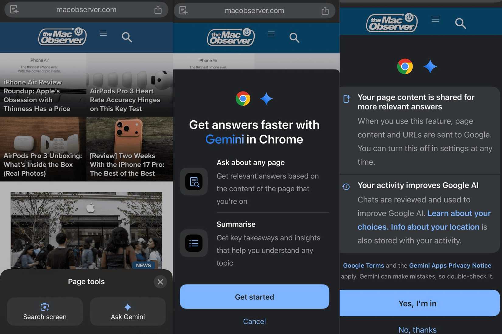 Screenshots highlighting banners indicating the availability of Gemini in Chrome.