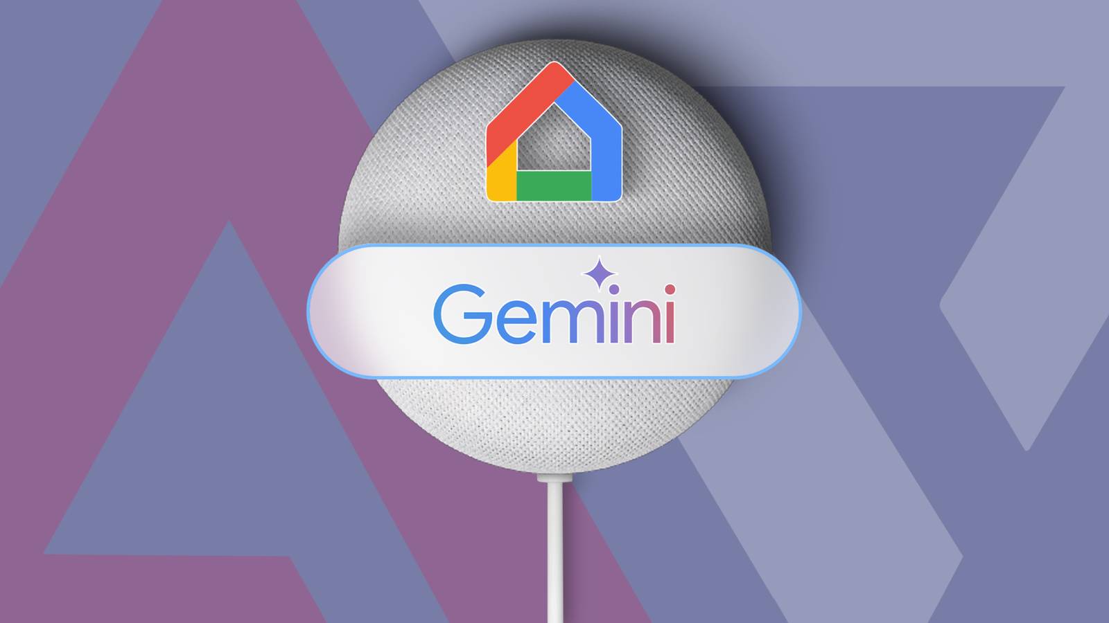 Illustration of a Google Home smart speaker with the Gemini and Google Home logo on its front