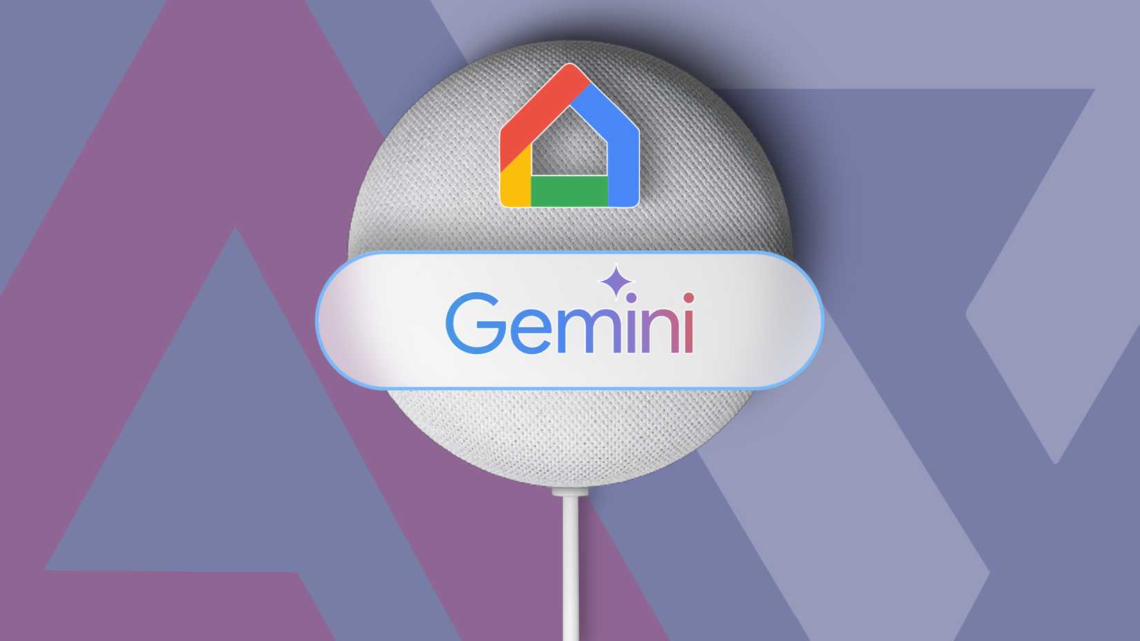 Illustrazione di un altoparlante smart Google Home con i logo Gemini e Google Home sulla parte anteriore