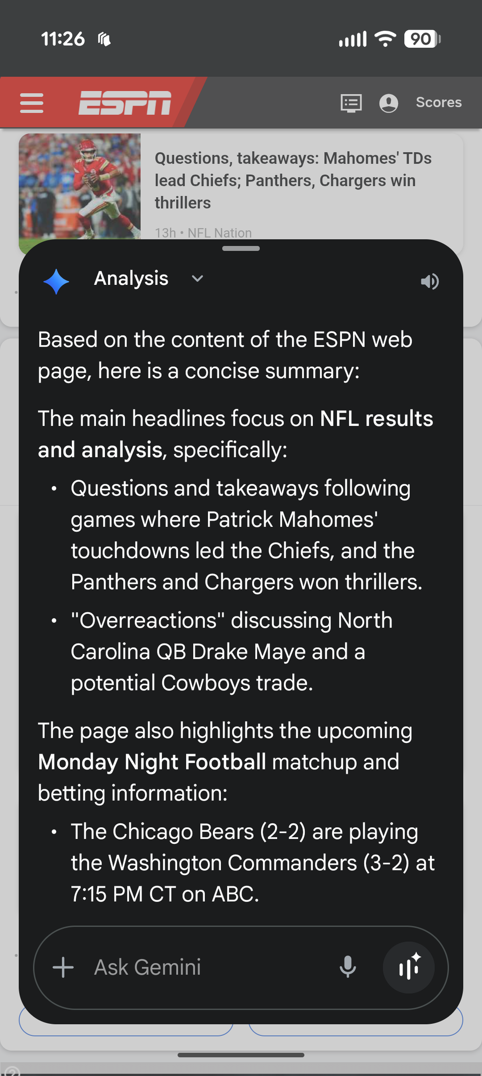 The Gemini in Chrome summary page on ESPN.