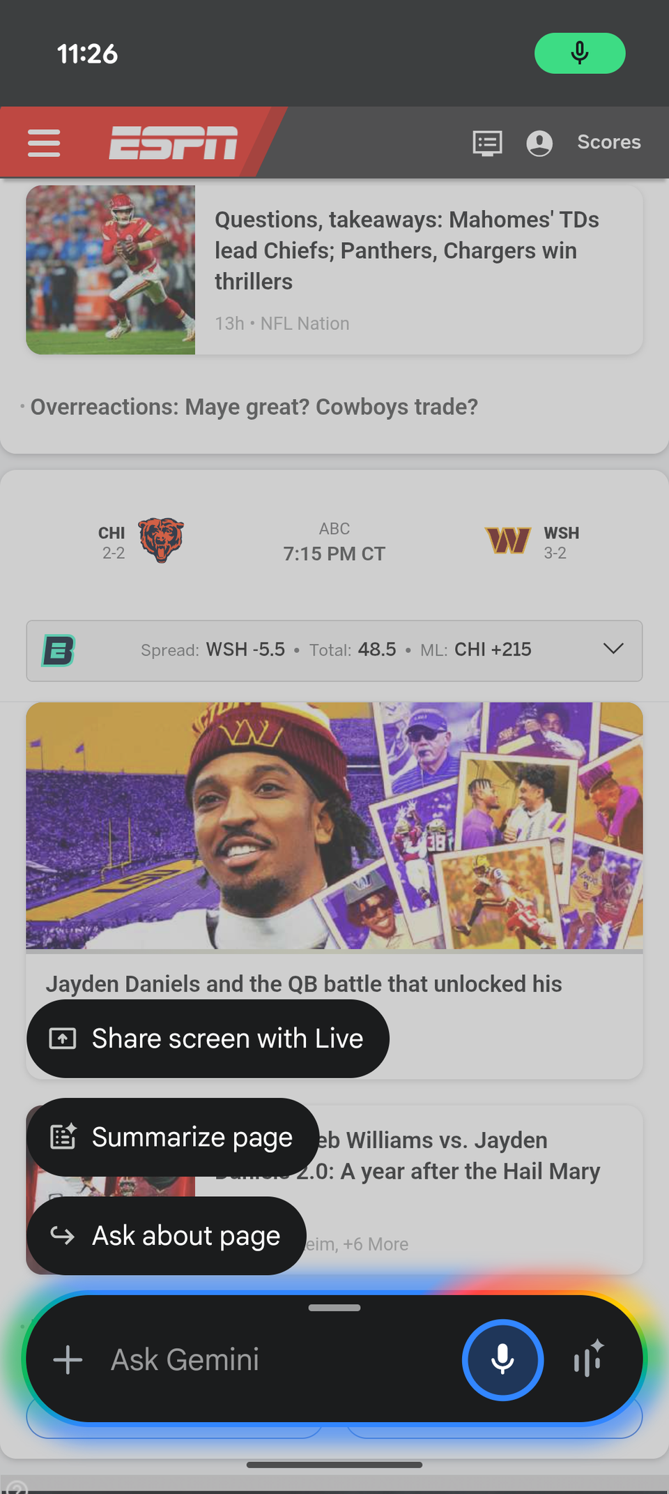 The Gemini in Chrome interface on the ESPN website.