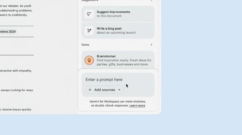 A GIF highlighting Gemini's in Google Docs' source grounding.