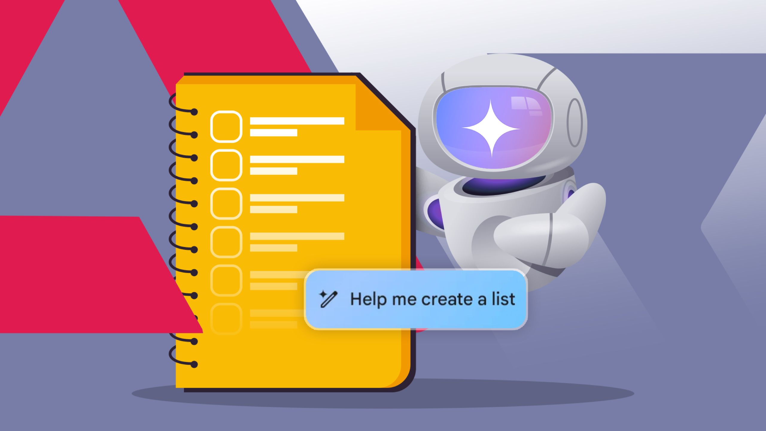 Gemini AI robot next to a yellow checklist notebook with a blue 'Help me create a list' button
