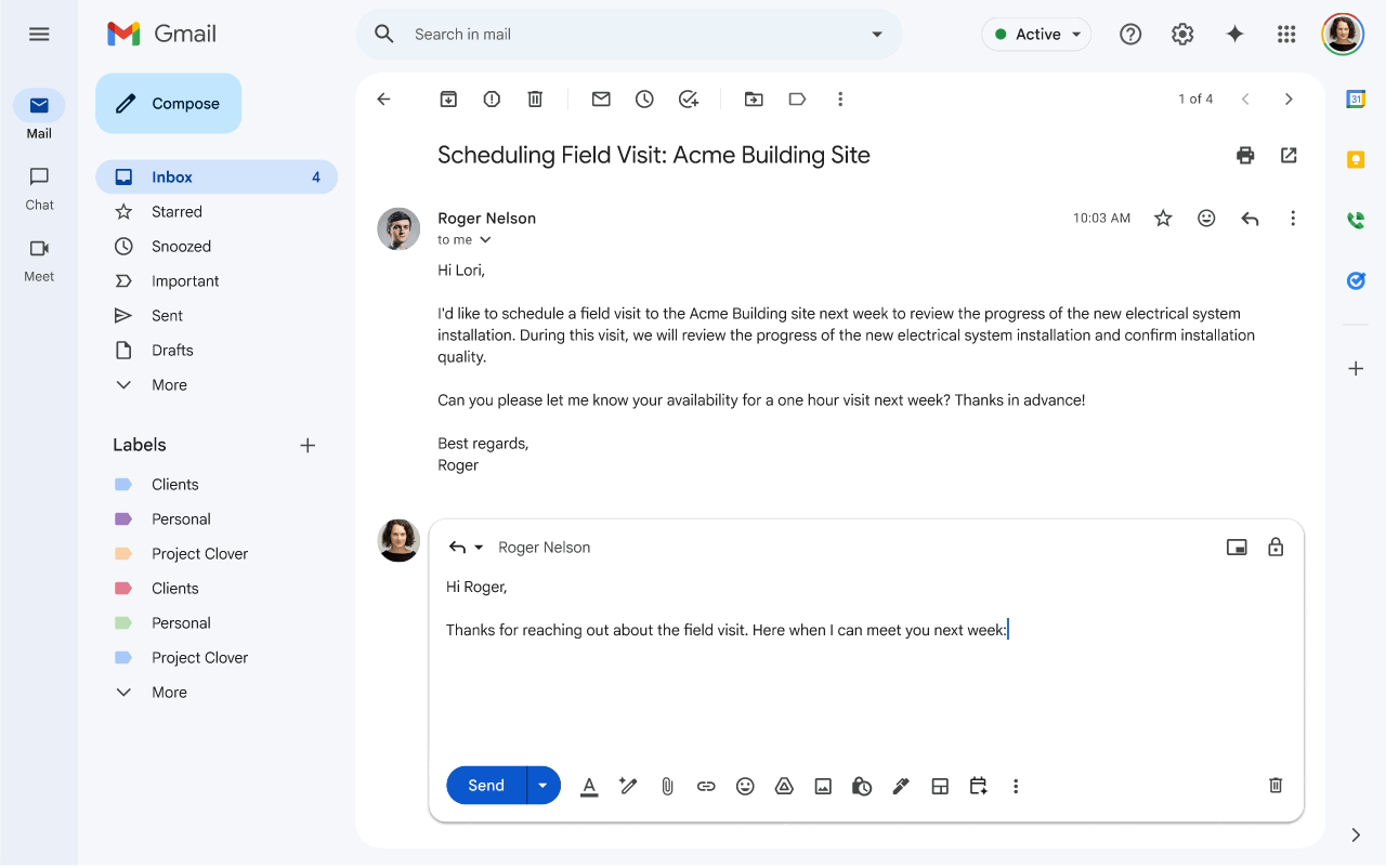 A GIF detailing the Gmail app's 'Help me schedule' functionality by tapping into Google Calendar