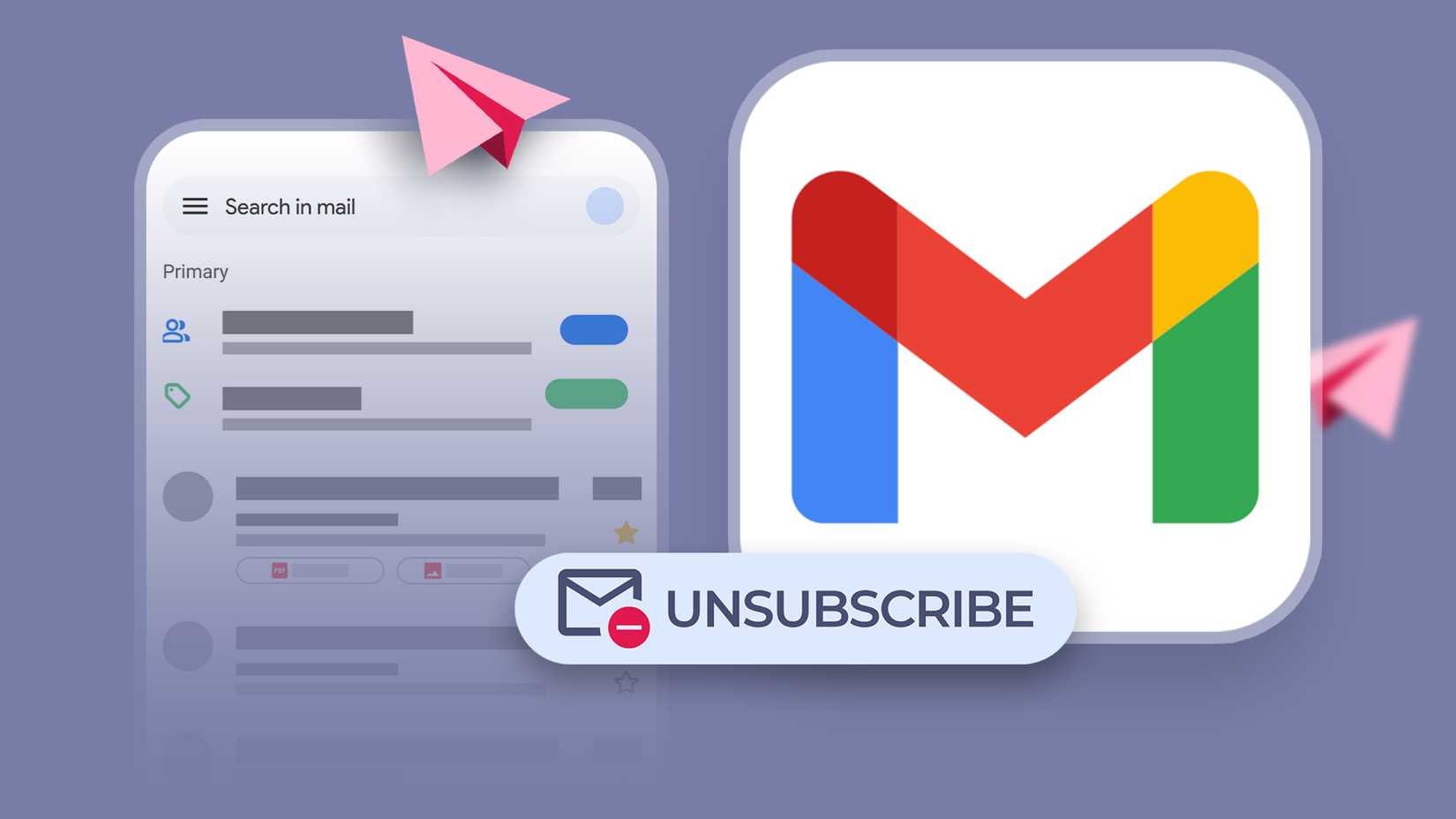 Logo Gmail accanto allo schermo di uno smartphone che mostra una casella di posta, con un pulsante etichettato 