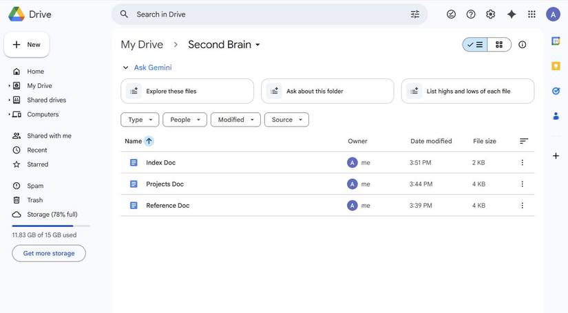 Screenshot showing the Second Brain folder in Google Drive