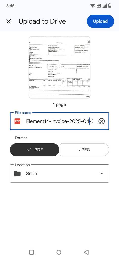 لقطة شاشة تعرض خيار التحميل في تطبيق Google Drive للجوال