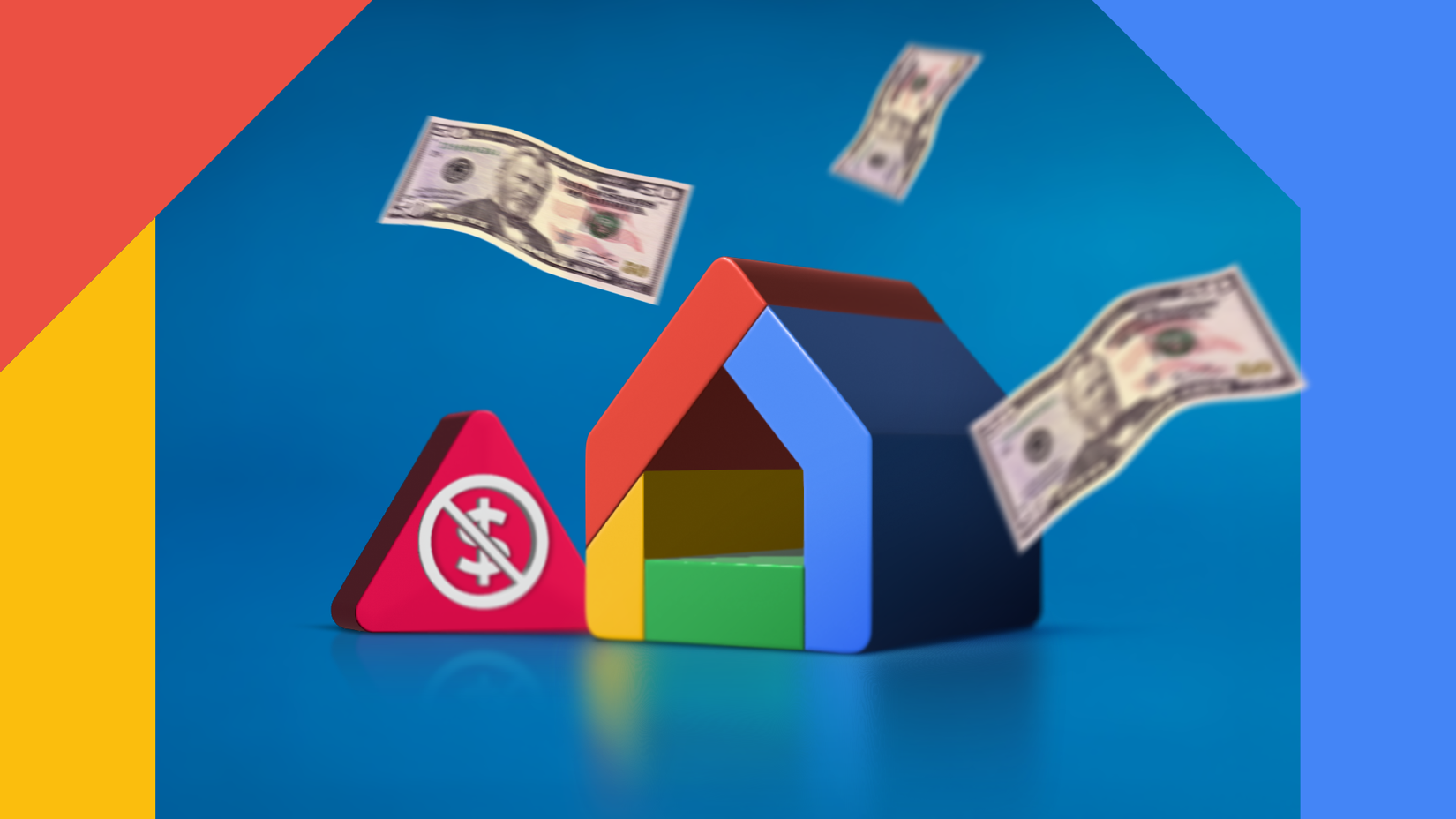 Ícone do Google Home com notas de dólar flutuando e um sinal de alerta de não pagamento.