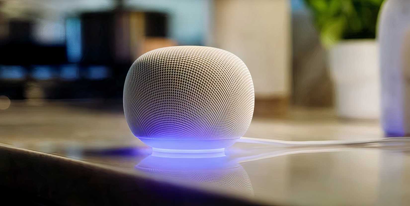 The Google Home Speaker on a countertop. 