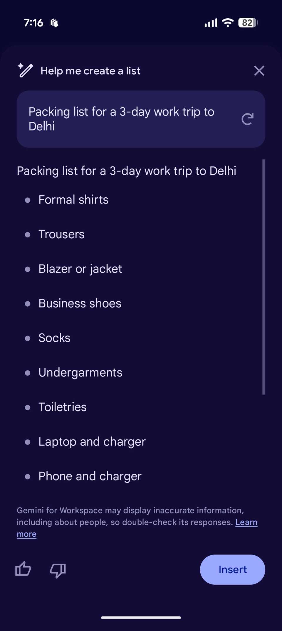 Gemini-generated packing list in Google Keep