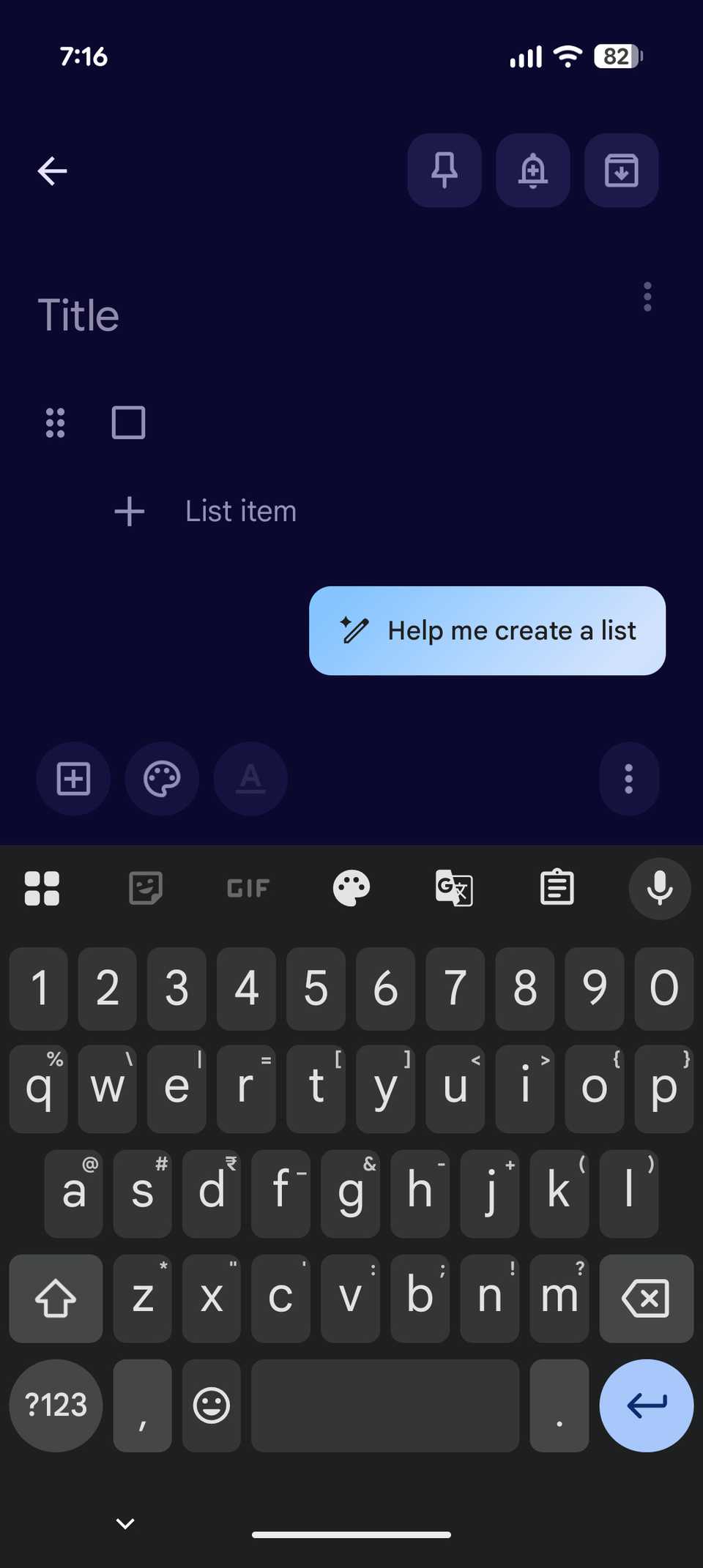 Google Keep note with the new Help me create a list feature