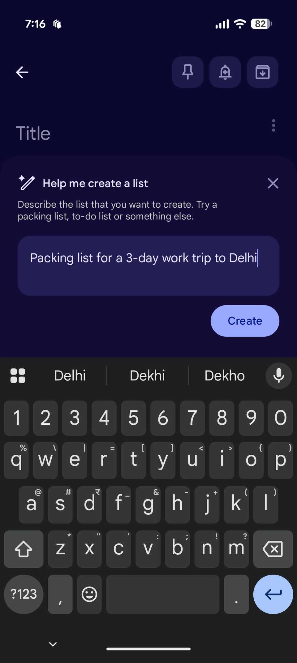 Google Keep's Gemini prompt box