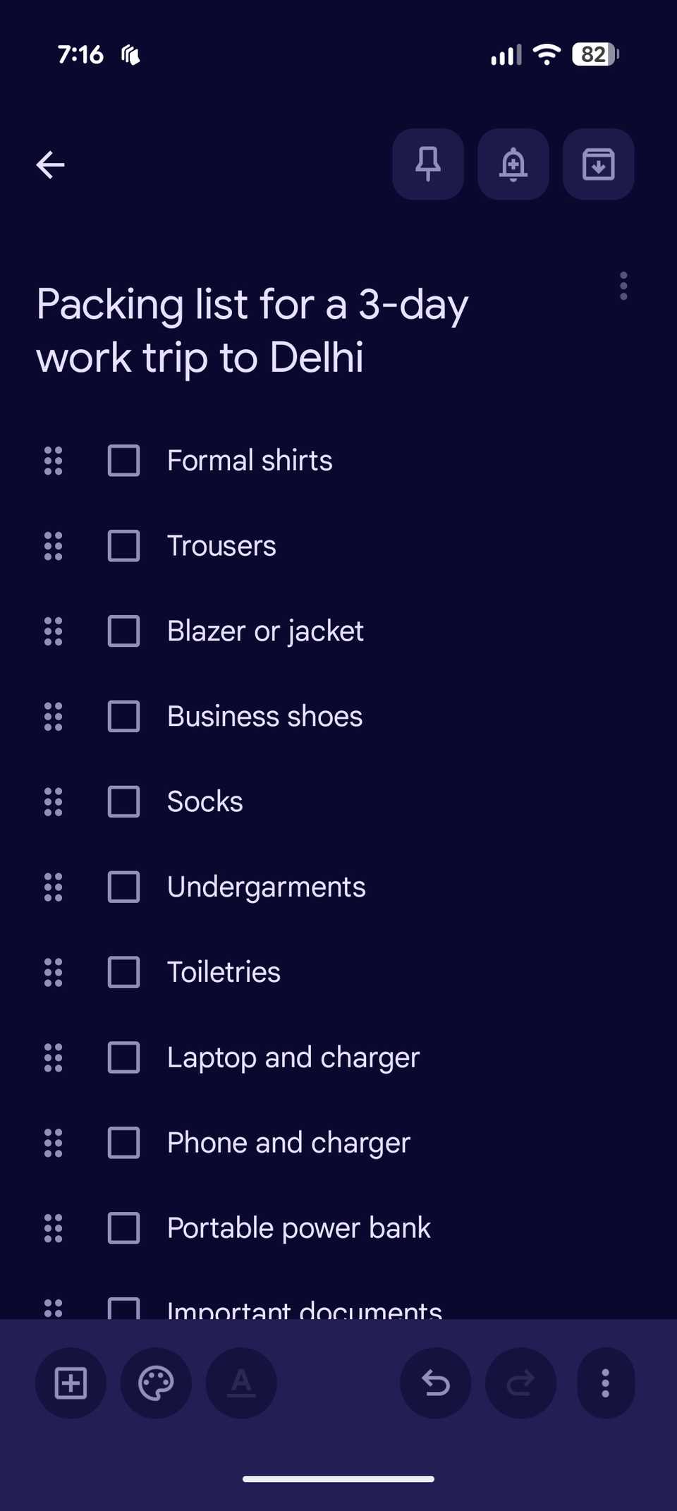 A trip packing list in Google Keep