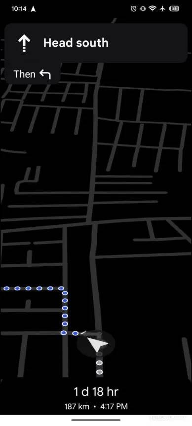 Uma captura de tela mostrando o próximo modo de baixo consumo de energia durante a navegação do Google Maps