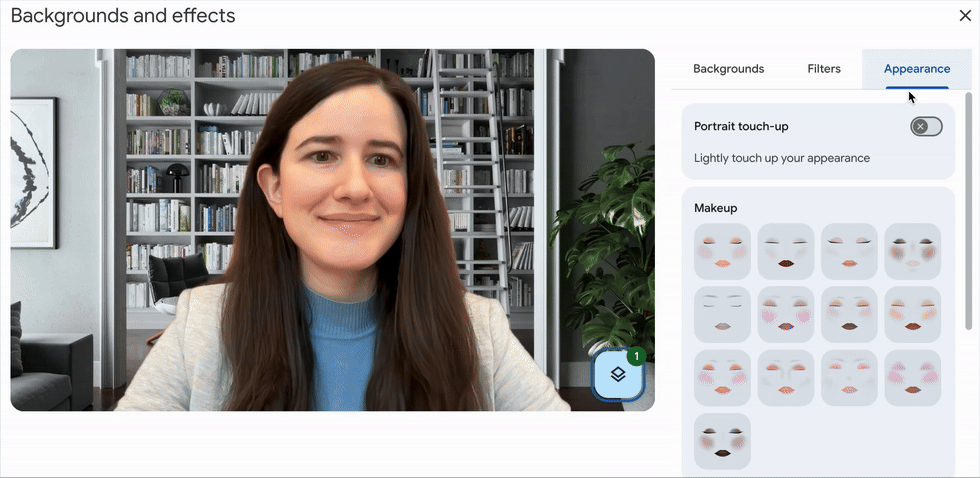 A GIF highlighting Google Meet's AI-powered Makeup feature.