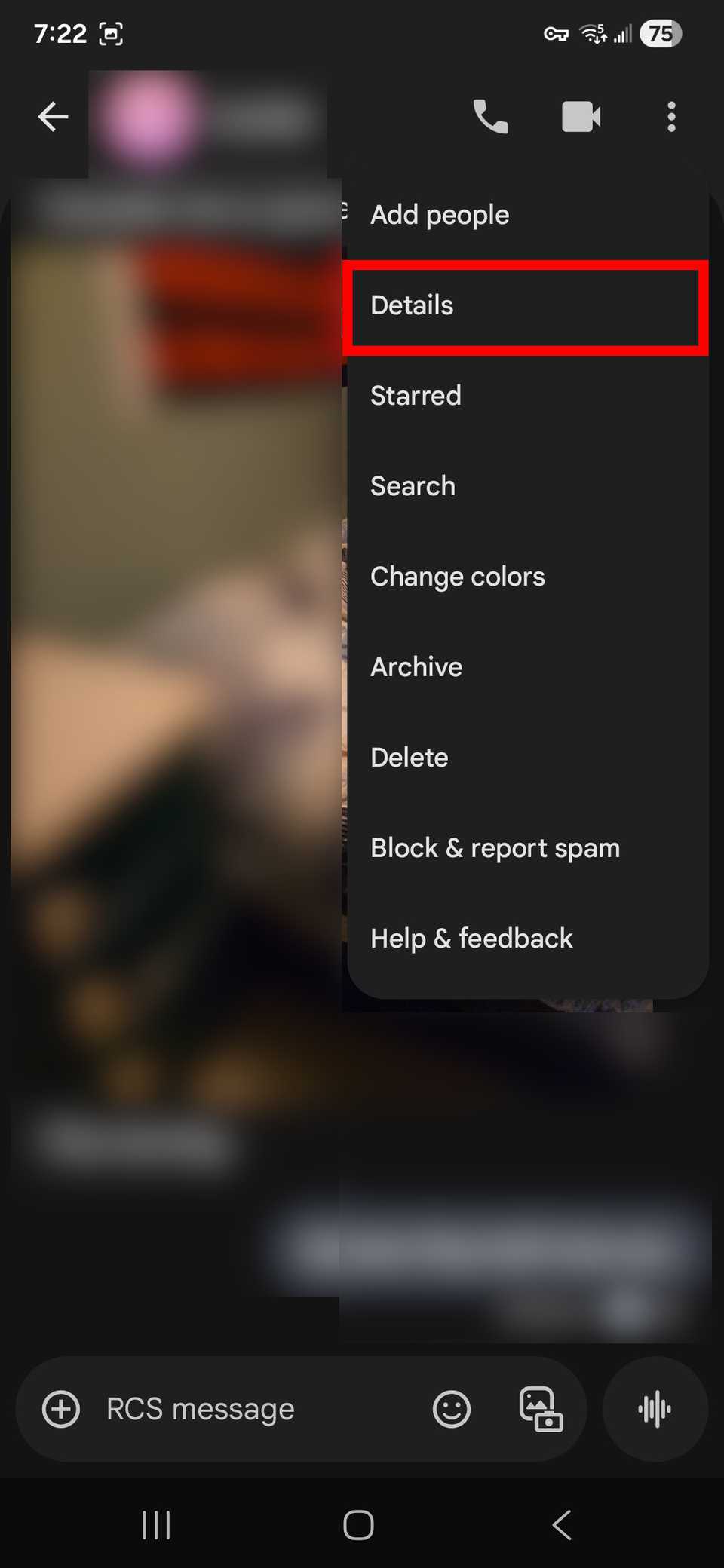 Red rectangle outline highlighting Details in the expanded three-dot icon conversation menu on Google Messages