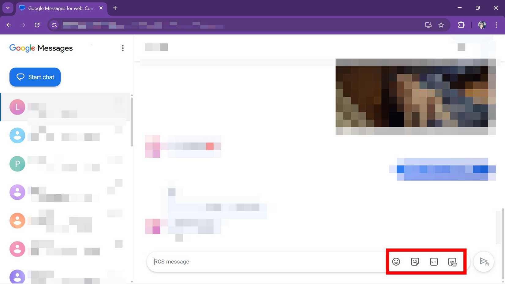 Red rectangle outline highlighting a list of options under a conversation in Google Messages web