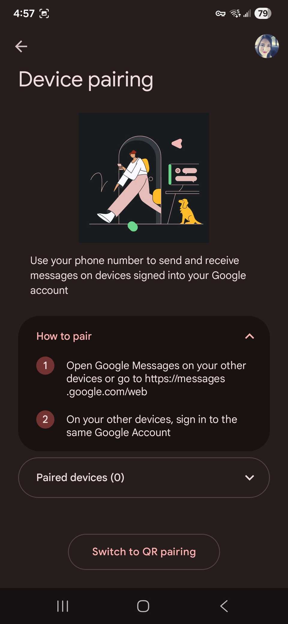 Device pairing options in Google Messages app including Switch to QR pairing option at the bottom