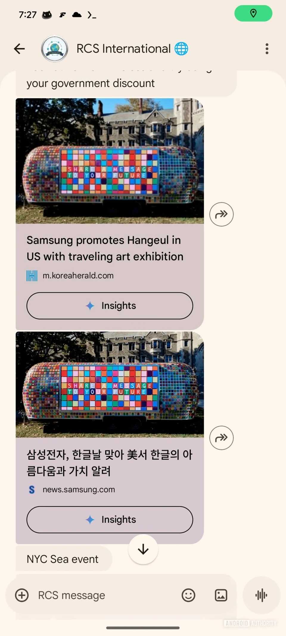 Captura de tela do Google Message mostra recursos de insights
