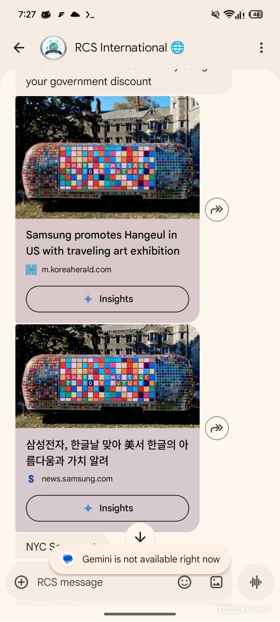 Captura de tela do Google Message mostra recursos de insights