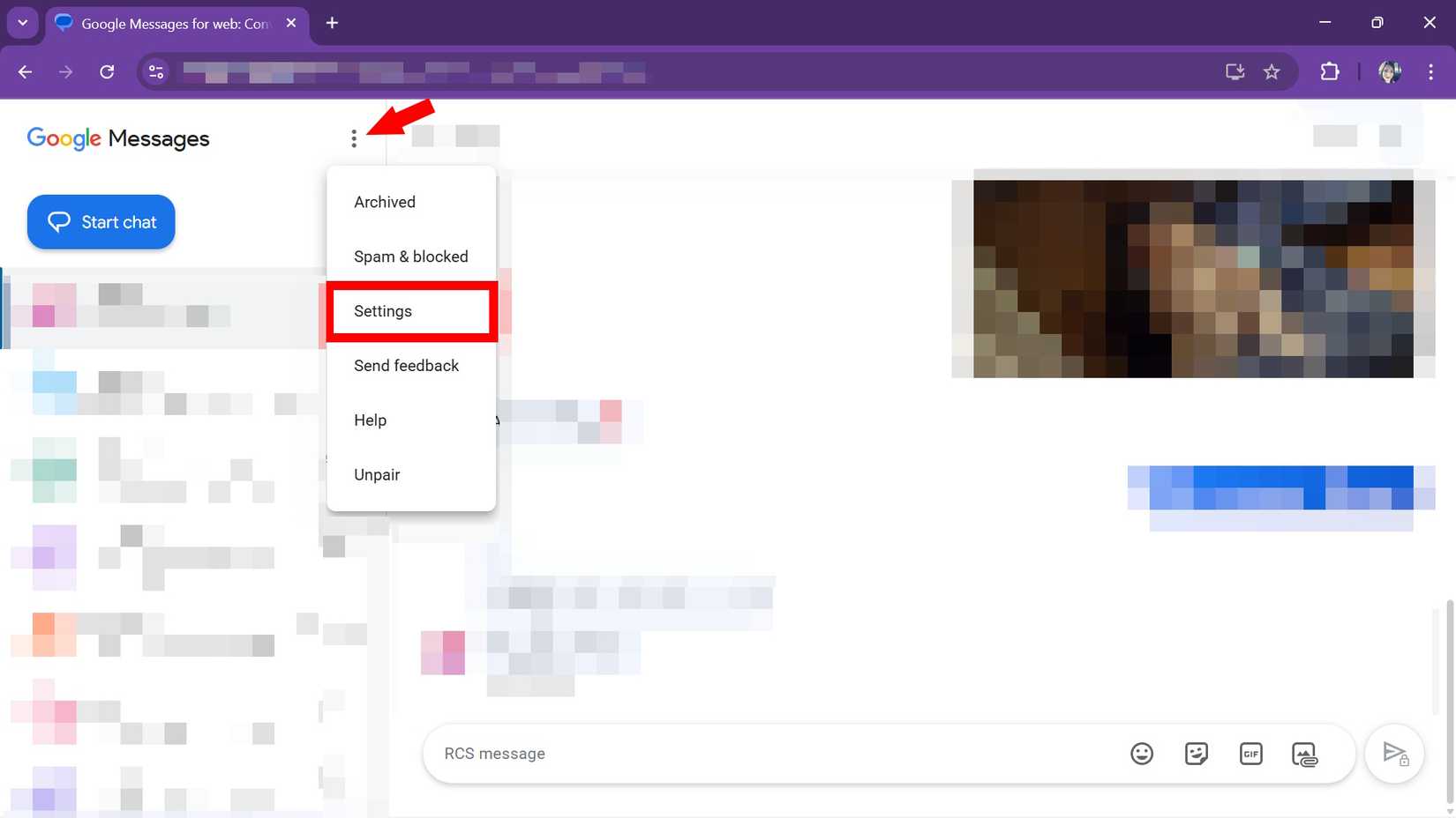Highlighting Settings in the overflow menu in Google Messages web