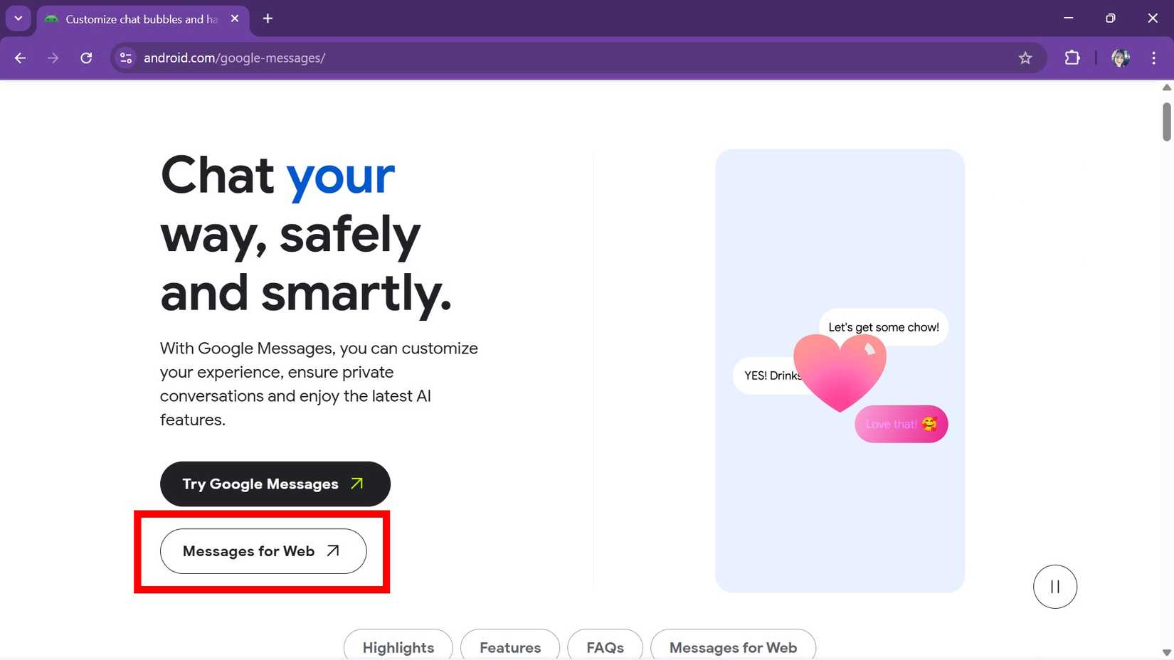 Red rectangle outline highlighting 'Messages for Web' option on Android messages website