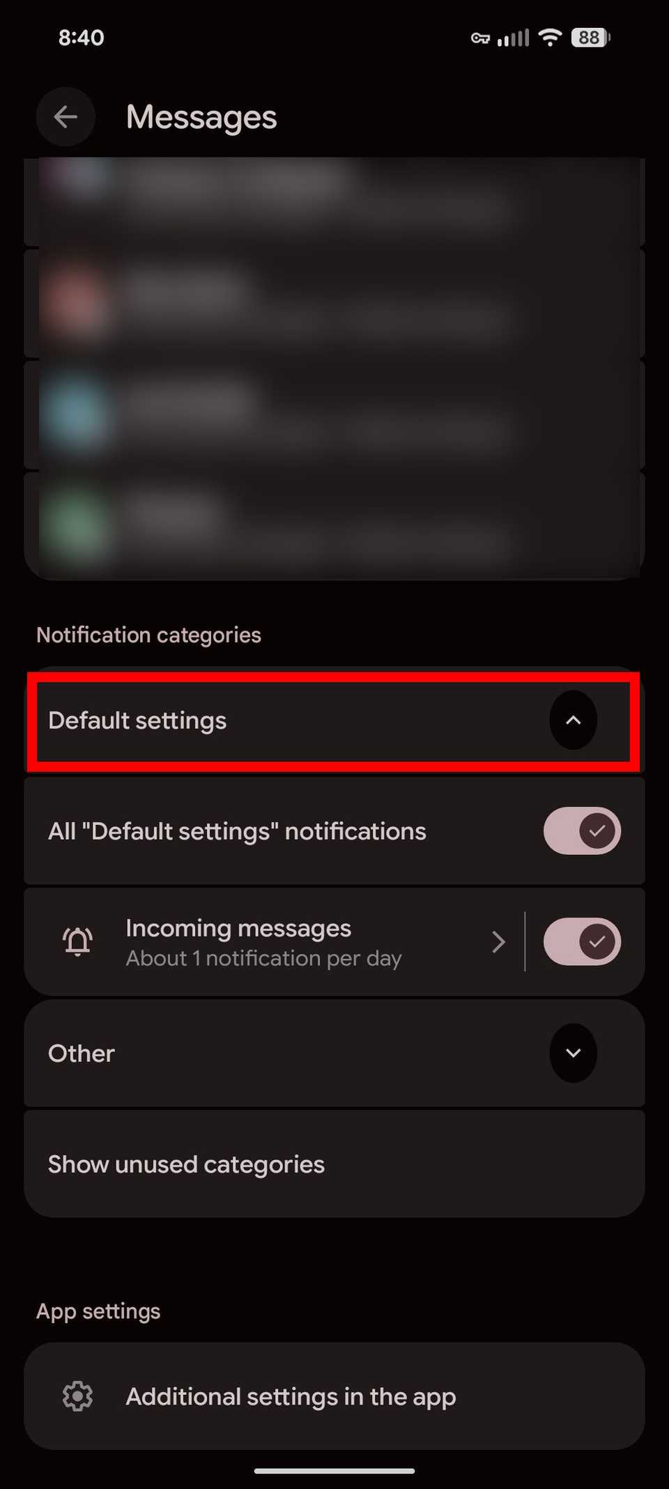 Red rectangle outline highlighting Default settings in Notification categories on Android 16
