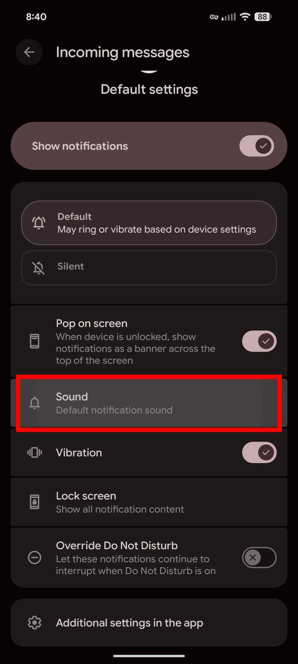 Red rectangle outline highlighting Sound in Default settings for notifications on Android 16 in Google Messages