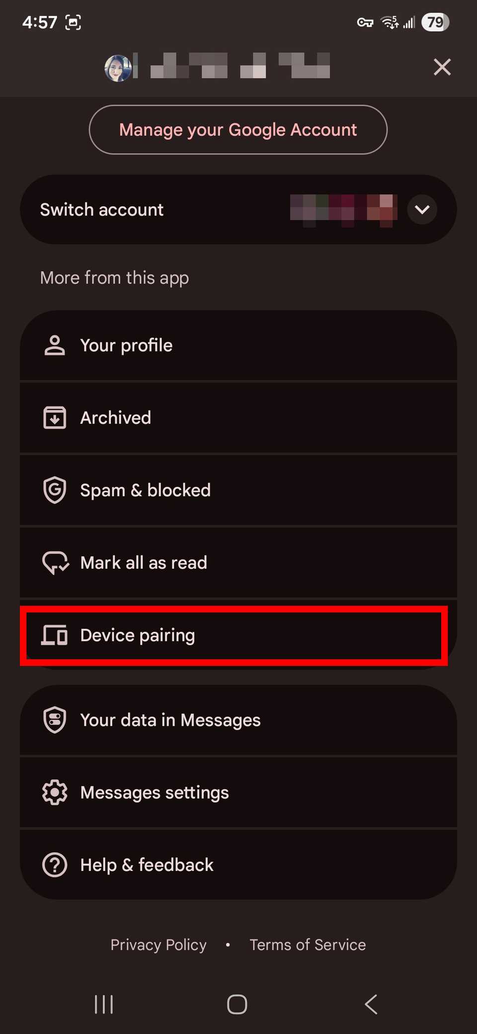 Red rectangle outline highlighting Device pairing in profile icon menu on Google Messages app